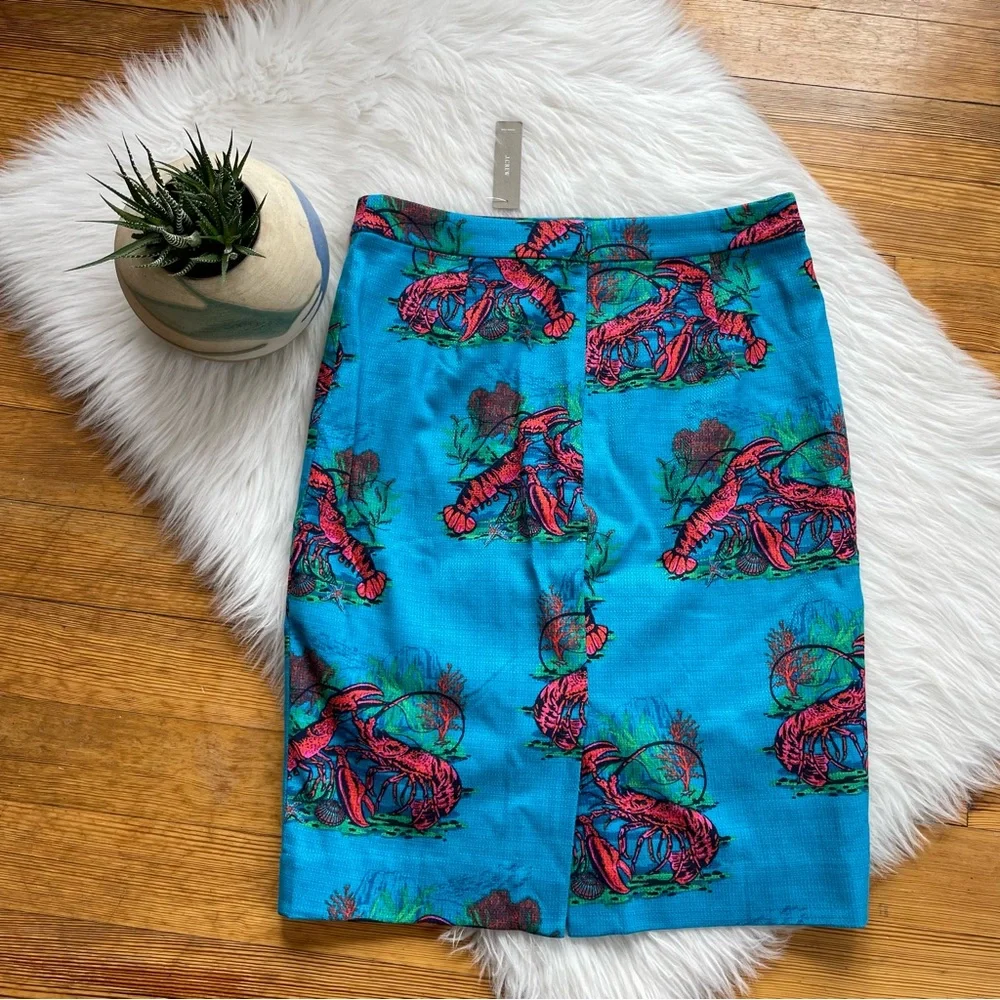 J. Crew Turquoise Blue Pencil Skirt with Coral Lobster Print